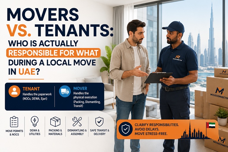 A tenant and a professional mover discussing responsibilities during a survey in a UAE apartment.