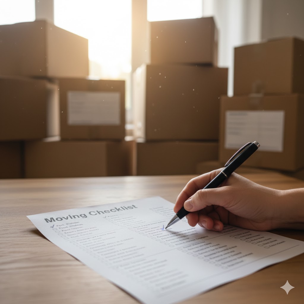 A person ticking off items on a detailed checklist with moving boxes in the background.