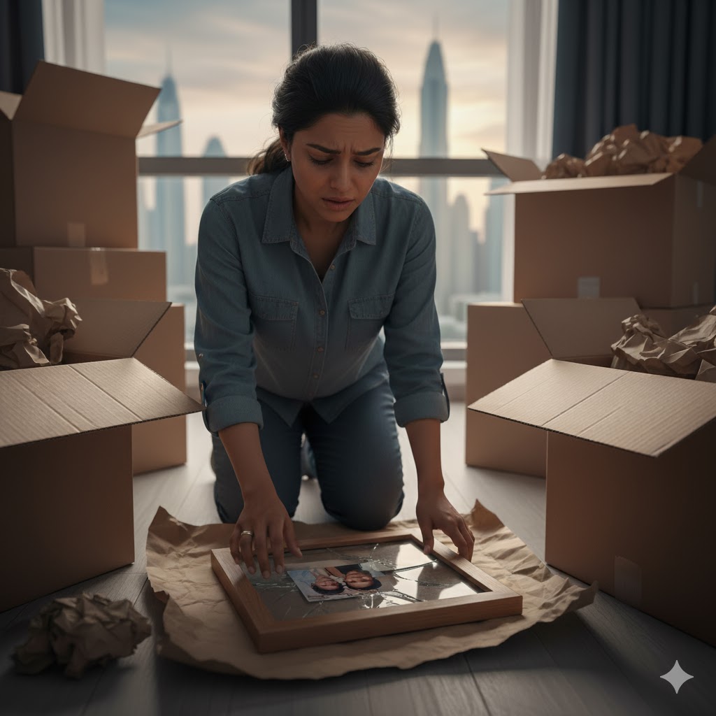 A person looking distressed at a broken picture frame next to a moving box.