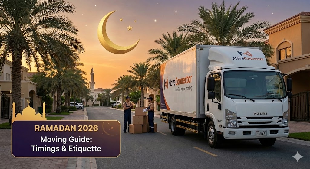 A moving truck parked on a quiet Dubai street at sunset during Ramadan, with a crescent moon in the sky.