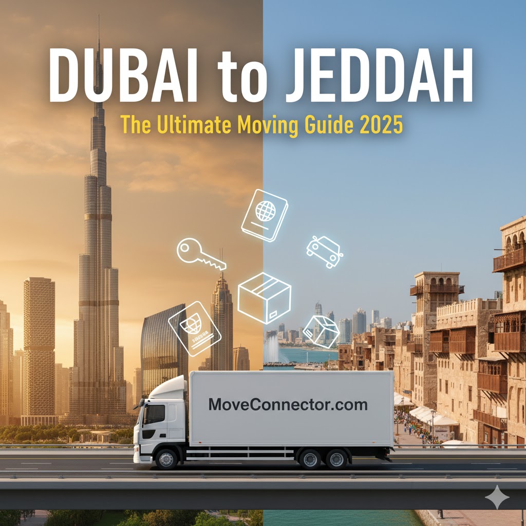 A moving truck with "MoveConnector.com" on its side drives on a road that divides a scene between the modern Dubai skyline (left, with the Burj Khalifa) and the historical architecture of Al-Balad in Jeddah (right). Floating above the truck are neon outline icons representing a passport, keys, a car, moving boxes, and a visa document. Overlay text says "DUBAI to JEDDAH: The Ultimate Moving Guide 2025.