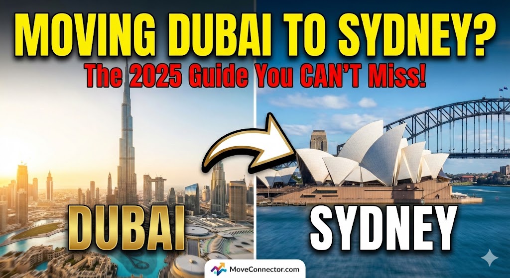 A beautiful view of the Sydney Opera House and Harbour Bridge at sunset, symbolizing a move to Australia.