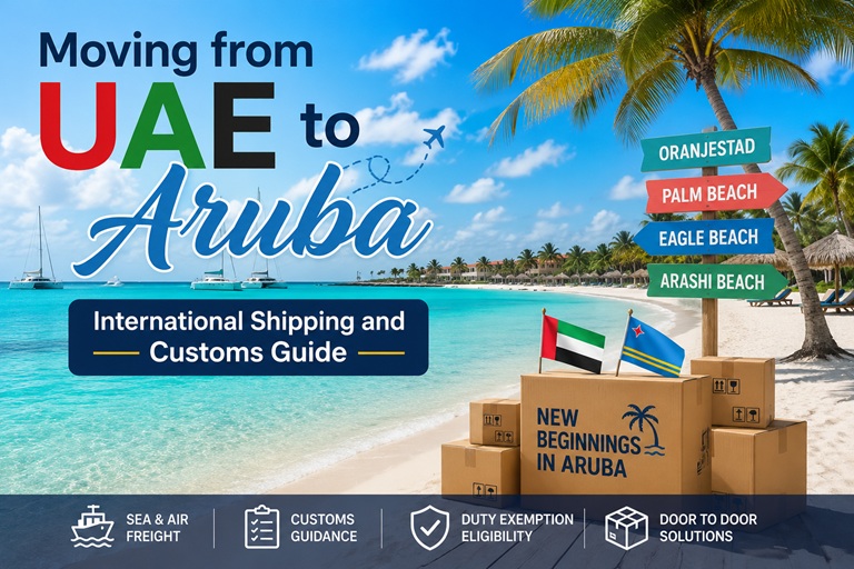 The crystal clear waters and white sands of Aruba, representing a relocation from the UAE.