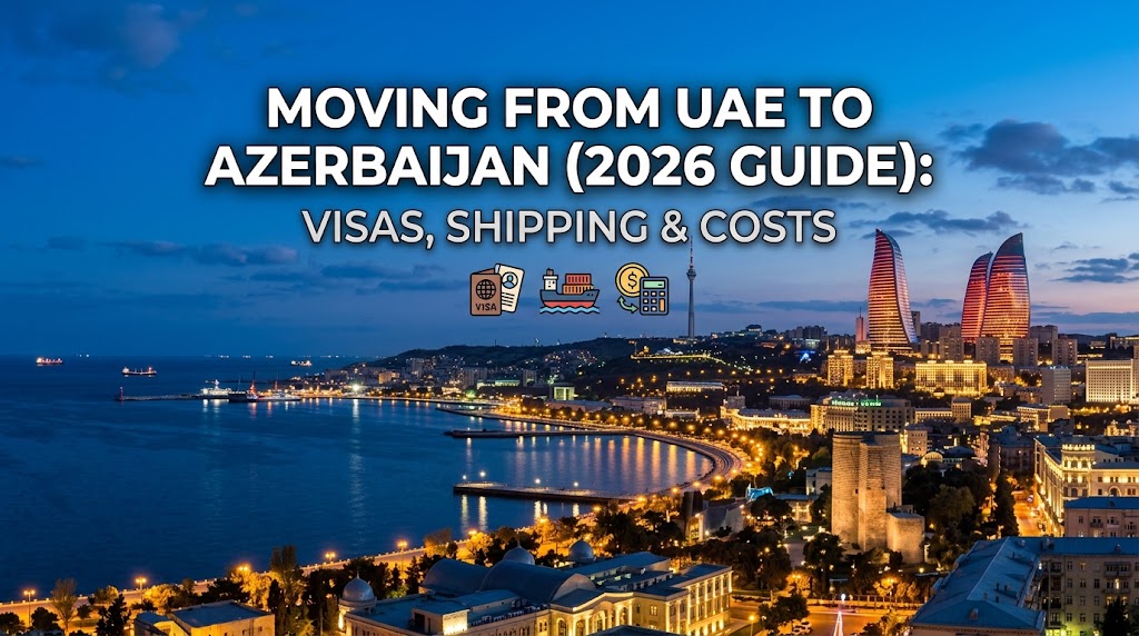 A panoramic view of Baku, Azerbaijan, featuring the Flame Towers and the Caspian Sea coastline.