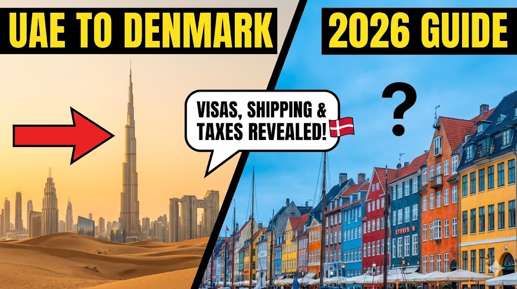 A view of Nyhavn harbor in Copenhagen with a cargo ship graphic overlay, representing moving from UAE to Denmark.