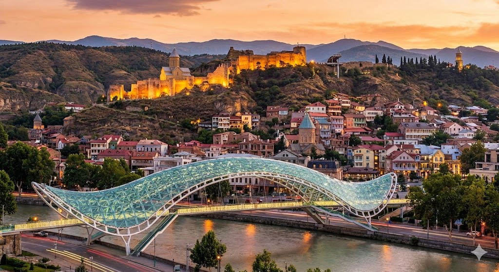 A panoramic view of Tbilisi, Georgia, featuring the Peace Bridge and Narikala Fortress.
