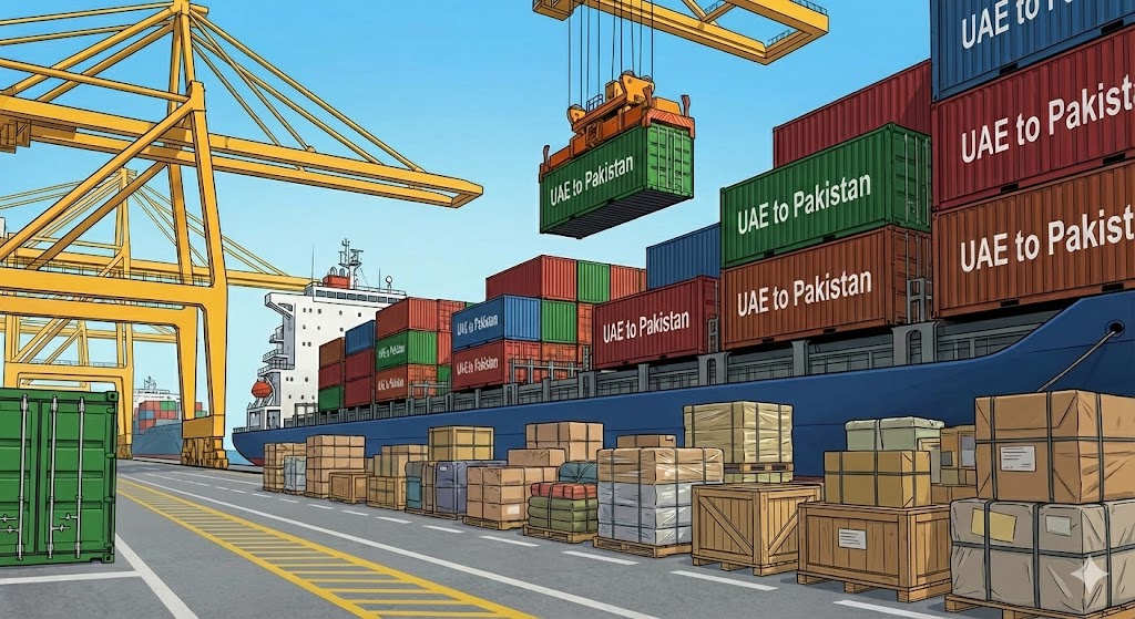 A moving box with a UAE flag sticker being loaded onto a cargo ship bound for Karachi Port.