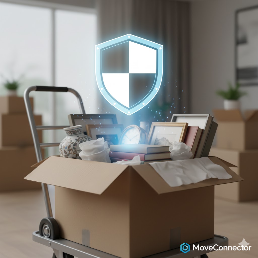 A protective shield icon hovering over a collection of valuable household items like a vase and picture frames during a move.