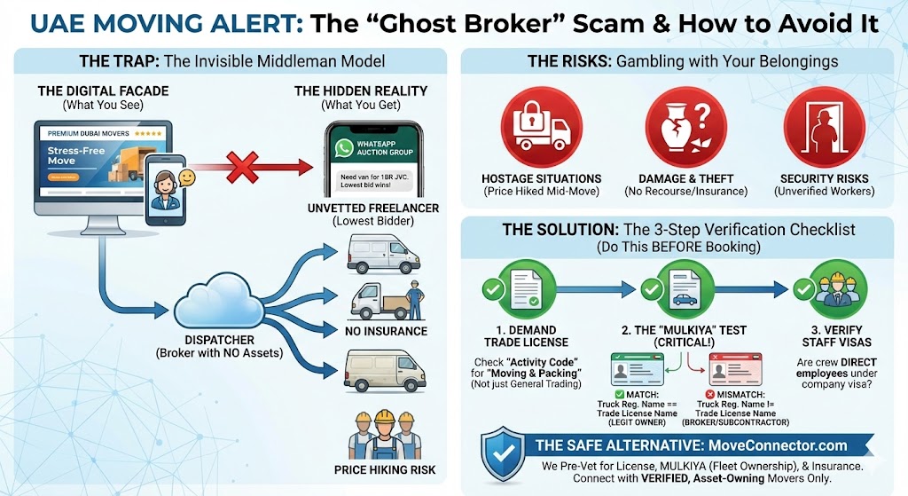 An infographic explaining the moving scams in the UAE, showing the difference between a professional mover and a ghost broker.