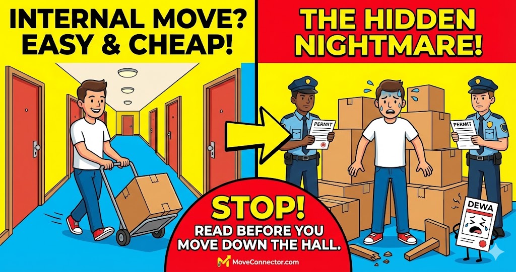 A moving trolley loaded with boxes inside a modern apartment building lobby, symbolizing an internal move.