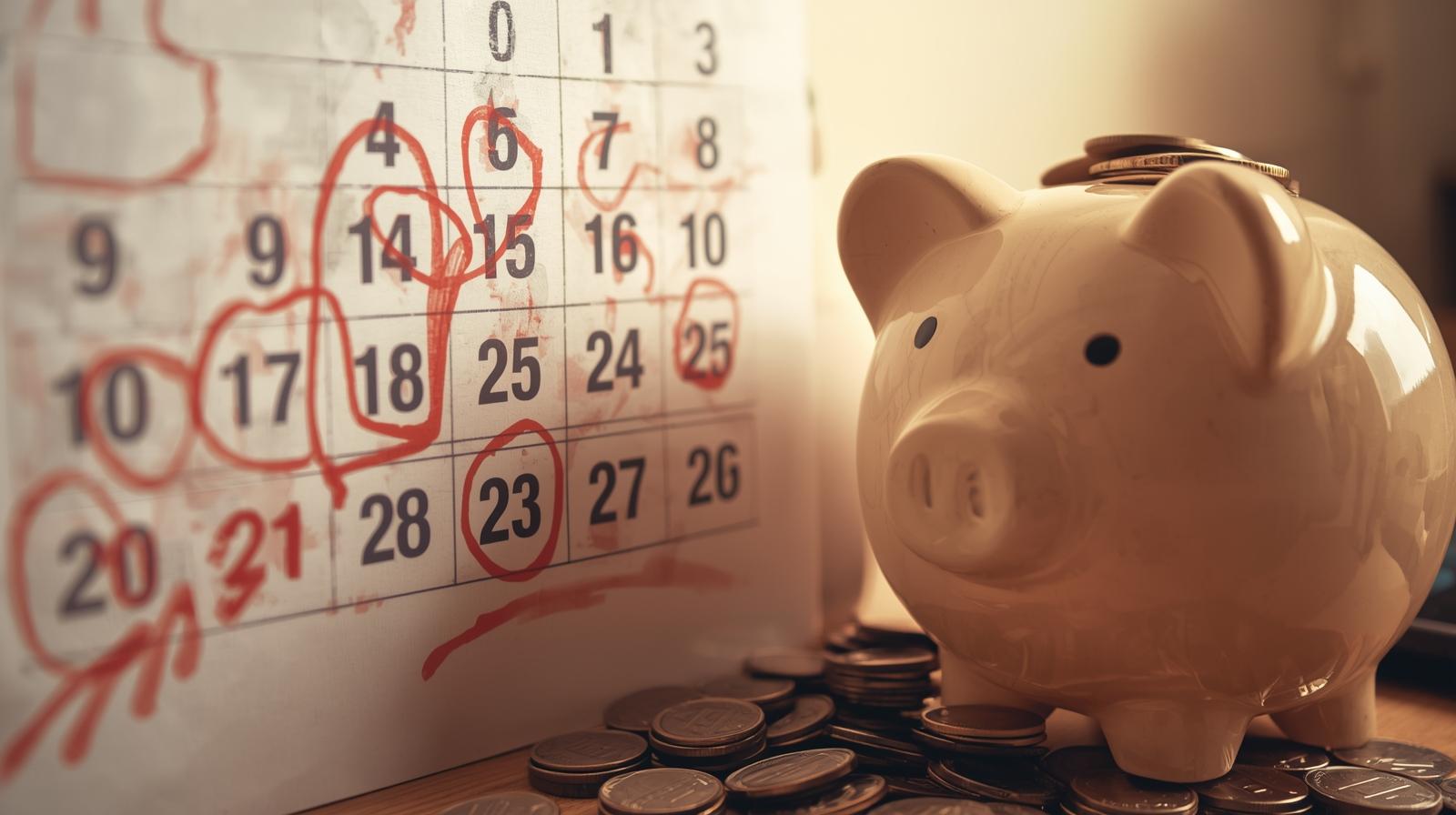 A calendar with certain dates highlighted, next to a piggy bank, symbolizing saving money by choosing the right moving date.