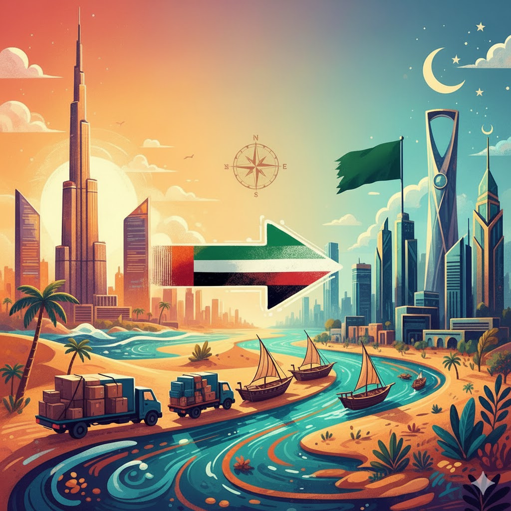 The modern skyline of Riyadh, Saudi Arabia, including the Kingdom Centre tower, symbolizing a move to KSA.