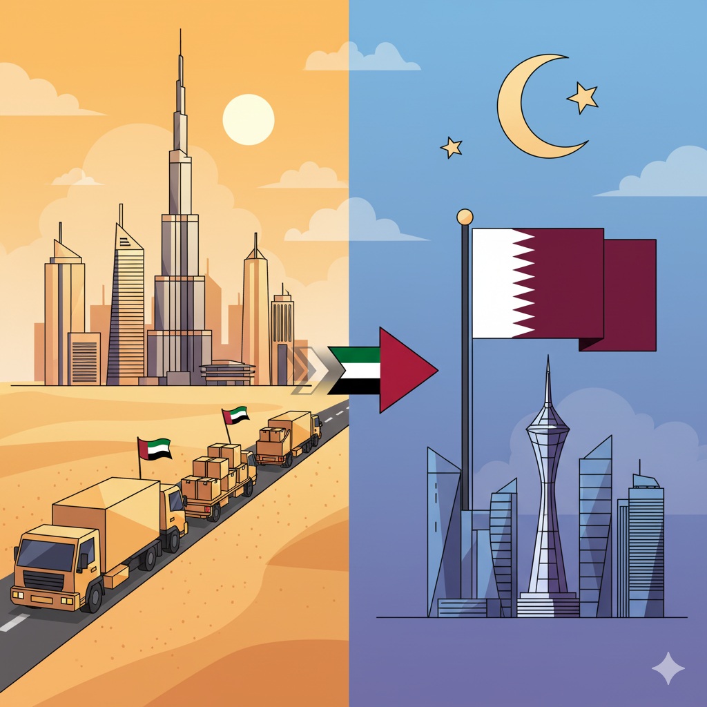 The modern skyline of Doha, Qatar, with its unique architecture, representing a move to Qatar.