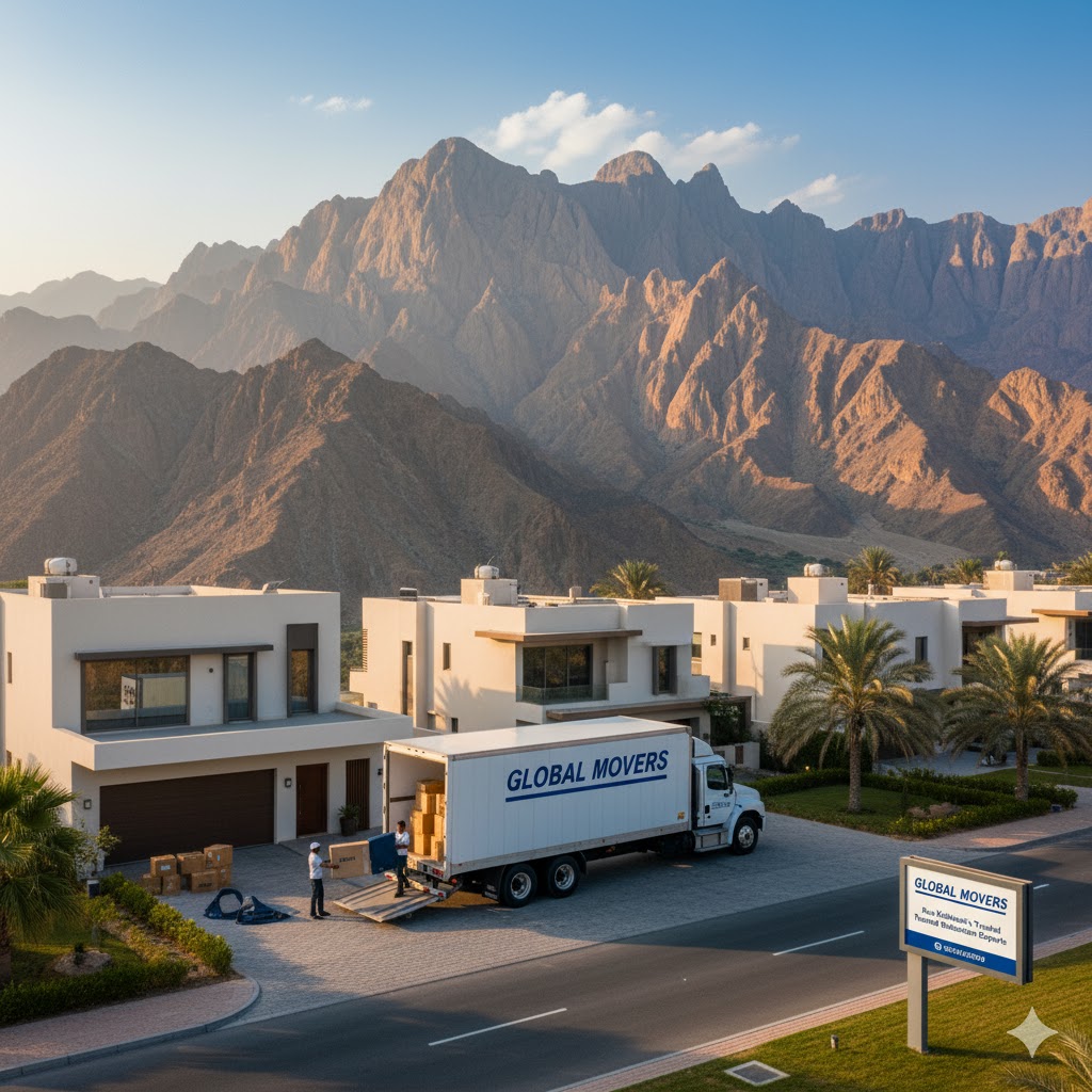 A moving truck with a beautiful view of the Ras Al Khaimah mountains in the background.
