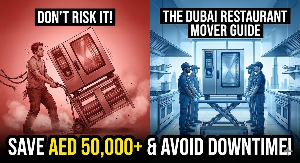 Professional movers relocating a commercial stainless steel kitchen in Dubai.