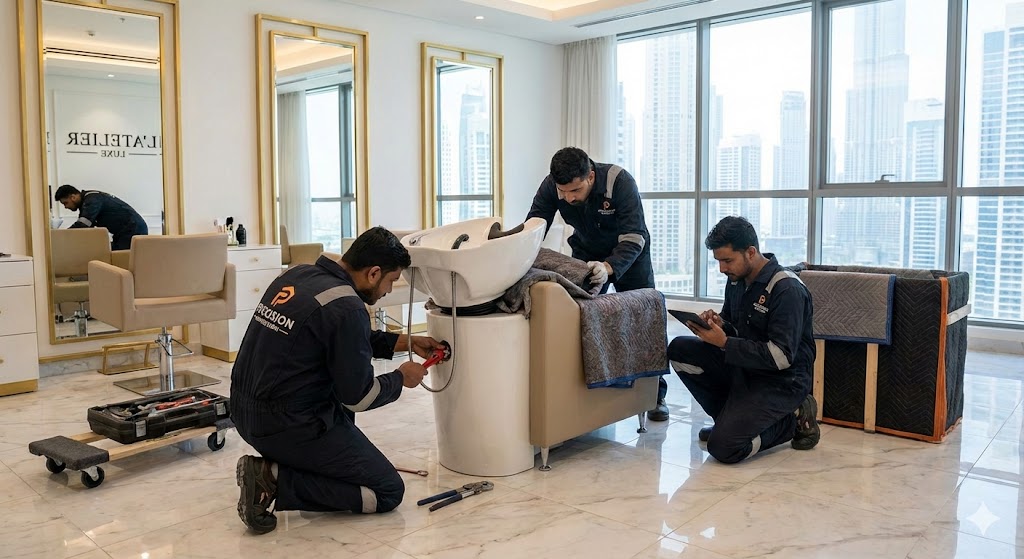 A team of specialized movers carefully disconnecting a plumbed-in shampoo station in a luxury Dubai salon.