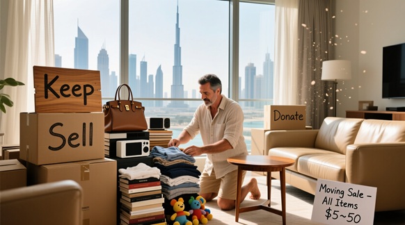 A homeowner organizing a moving out sale in Dubai, separating items into Keep, Sell, and Donate piles.