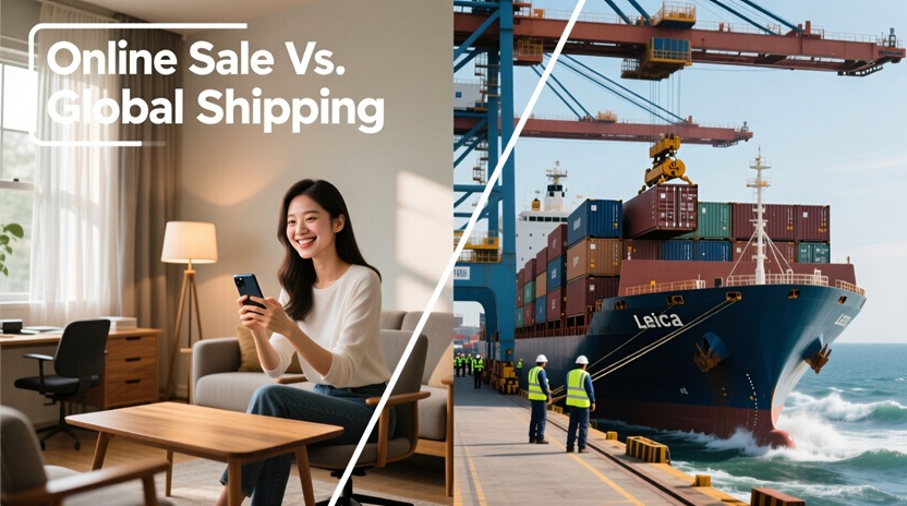 A split image showing a person selling furniture online versus a shipping container being loaded.