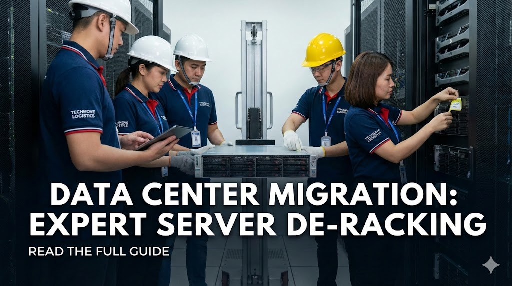 A team of IT logistics specialists carefully de-racking servers in a data center.