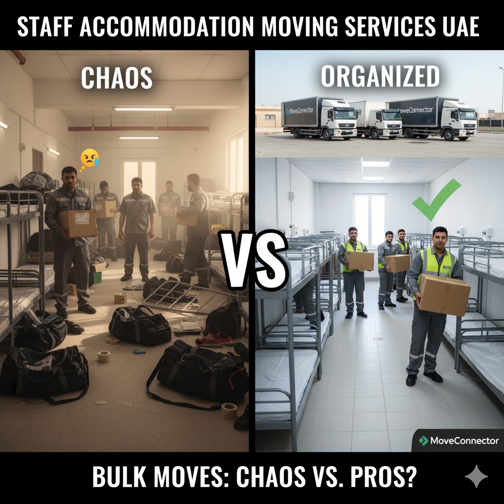 A team of professional movers efficiently handling the relocation of a large-scale staff accommodation in the UAE.