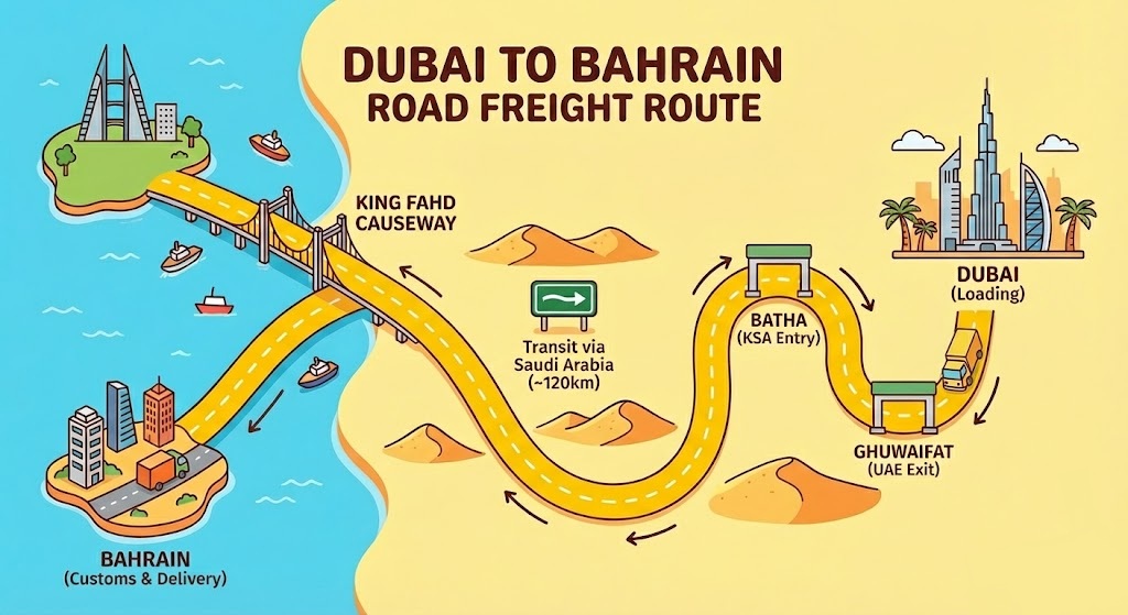 Route Map: Dubai -> Ghuwaifat -> Saudi Transit -> King Fahd Causeway -> Manama
