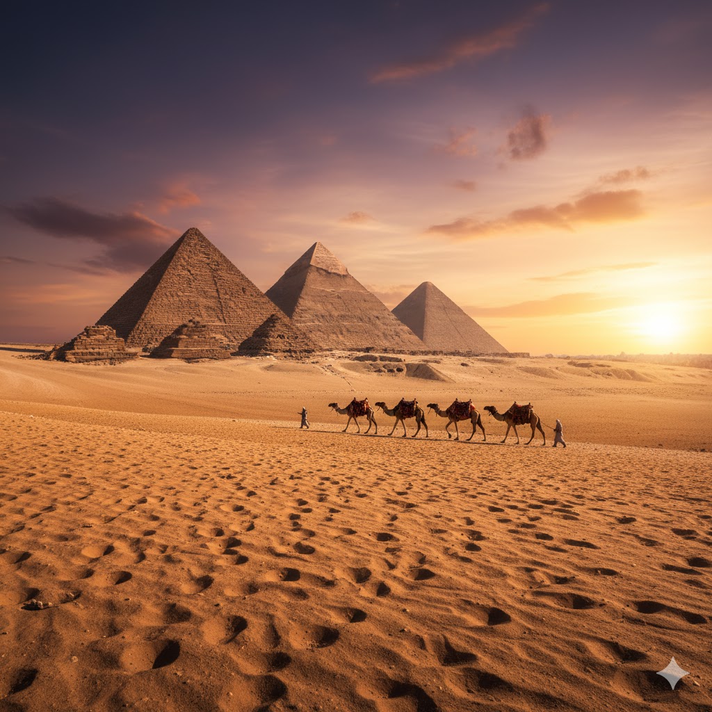 The Great Pyramids of Giza in Egypt at sunset.