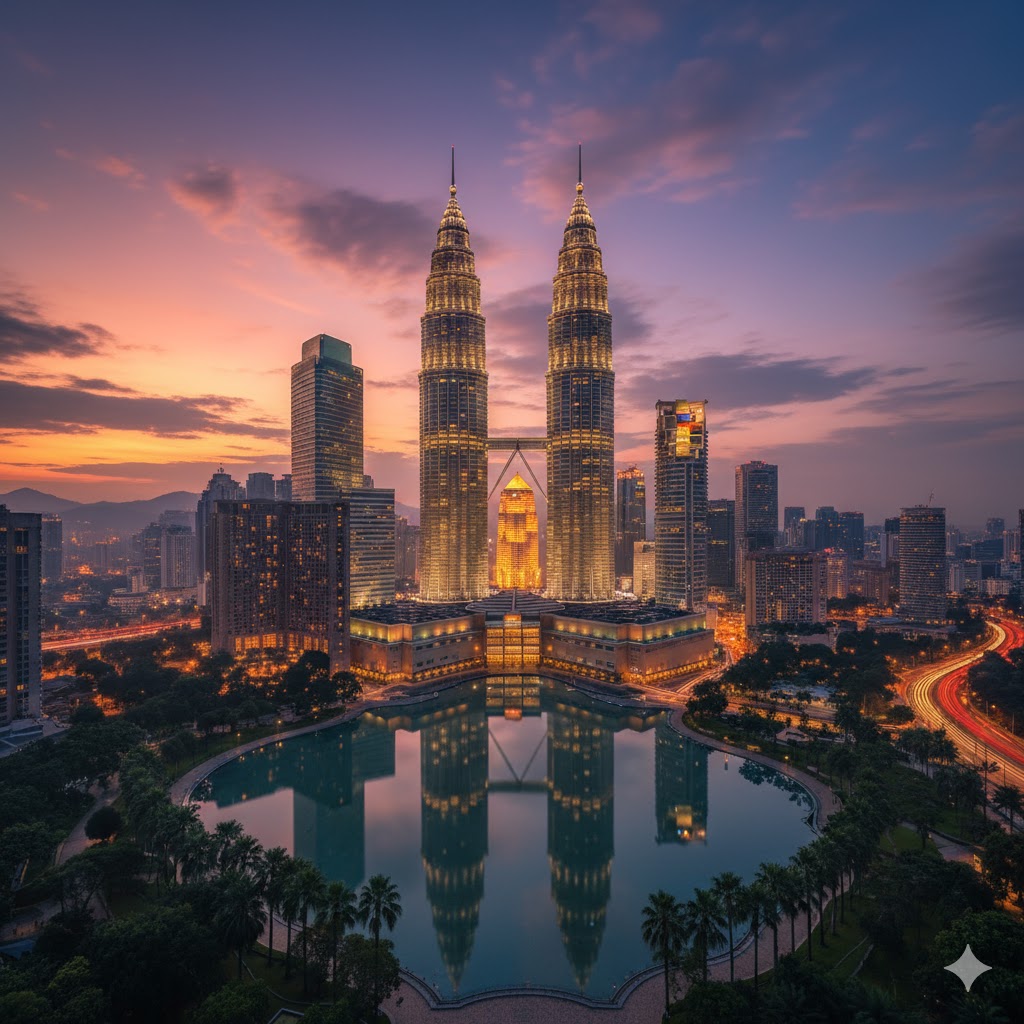 The iconic Petronas Towers in Kuala Lumpur, Malaysia, at dusk.