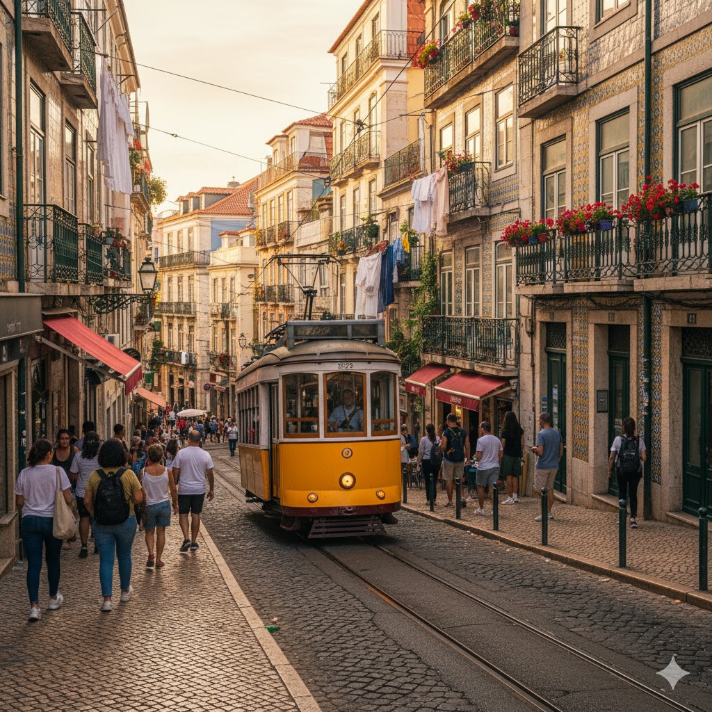 A classic yellow tram on a colorful street in Lisbon, Portugal.
