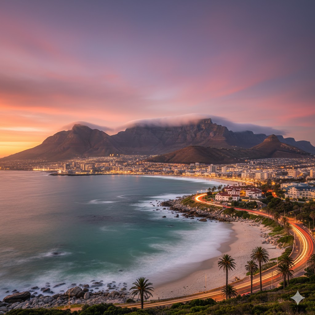A stunning view of Table Mountain in Cape Town, South Africa, from the coast.