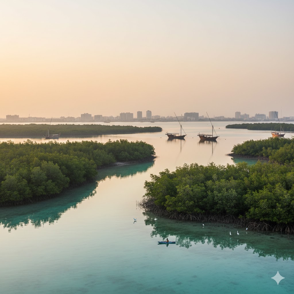 A tranquil view of the mangroves and waterfront in Umm Al Quwain.