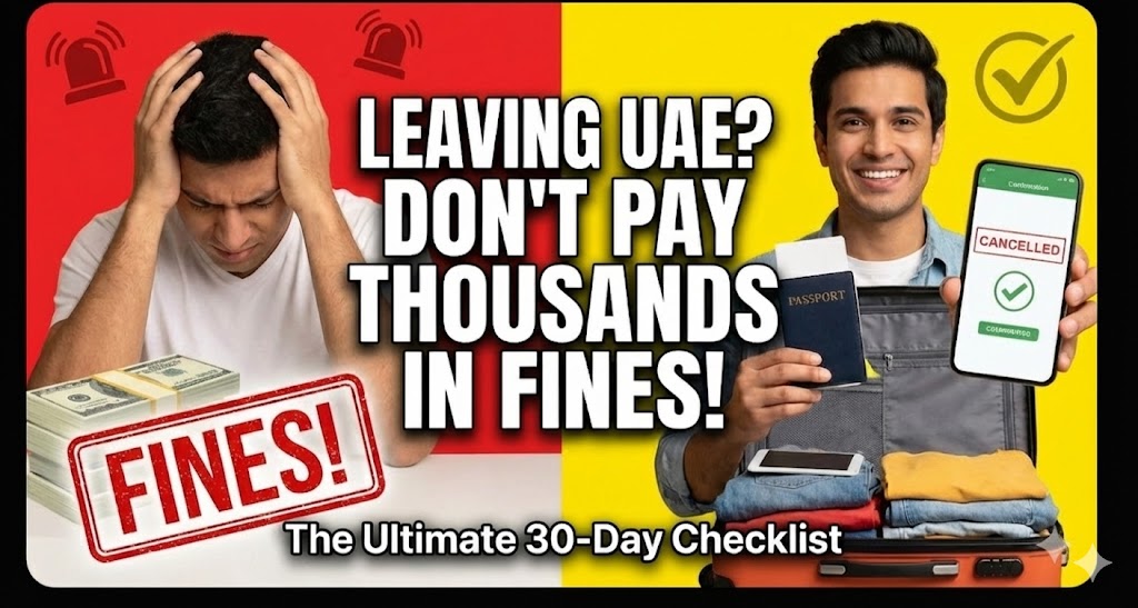 A desk with a UAE passport, DEWA bill, and car keys, symbolizing the process of closing accounts before leaving Dubai.