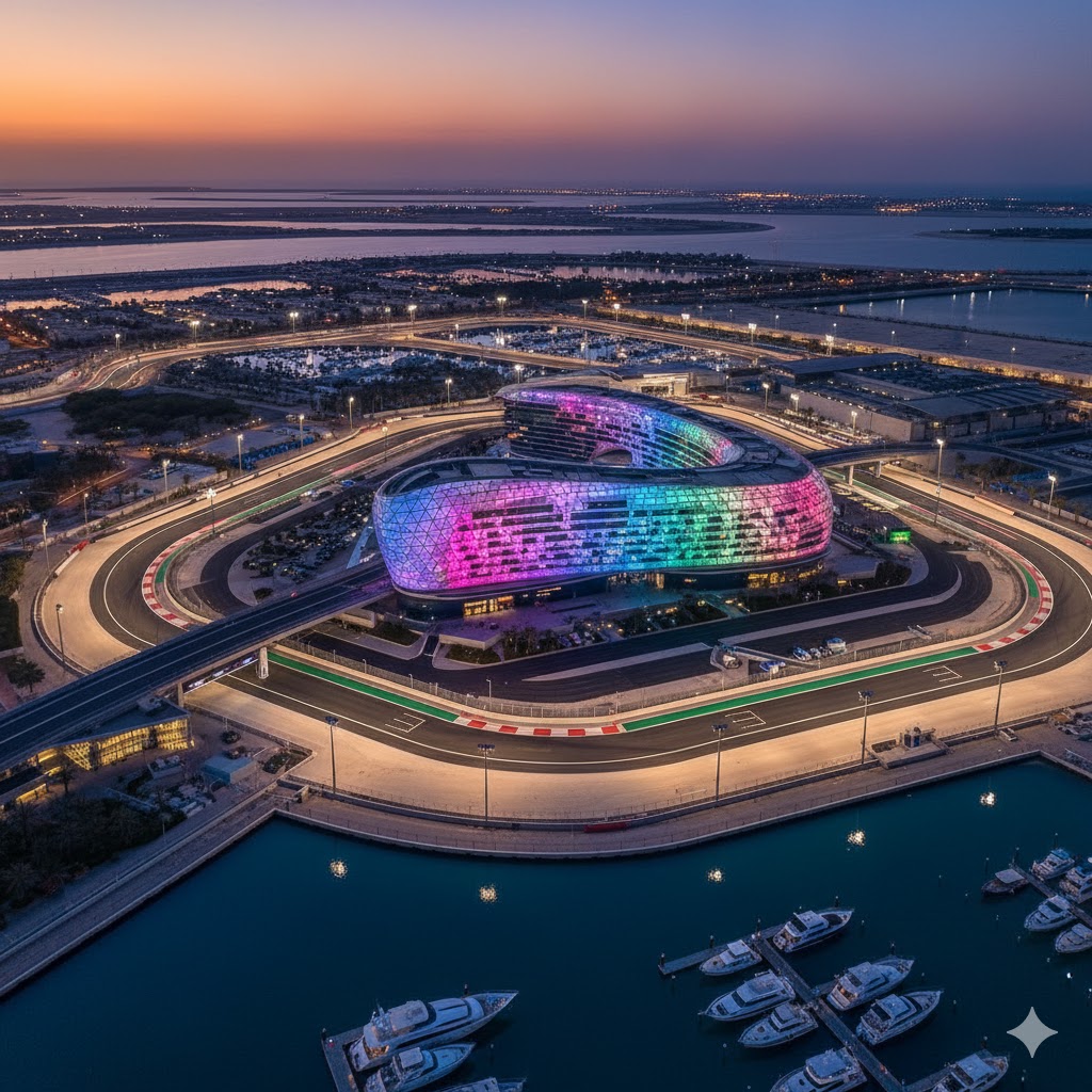 An aerial view of the iconic W Abu Dhabi - Yas Island hotel and the Yas Marina Circuit.