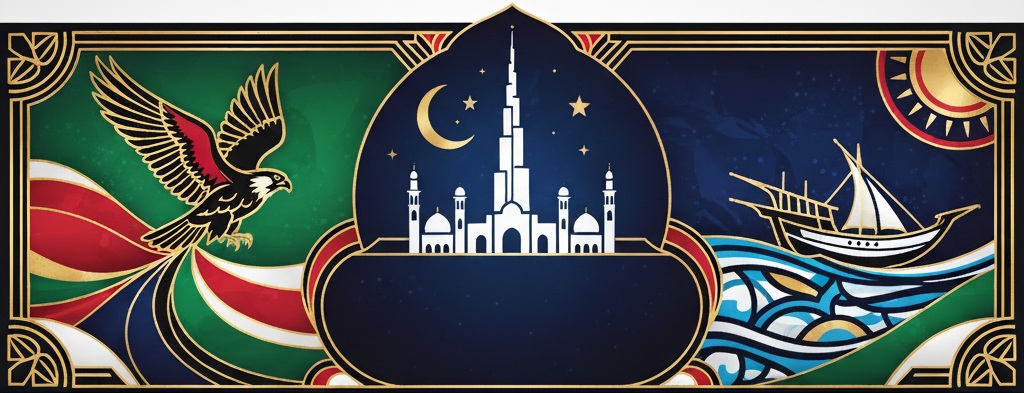 A stylized map of the UAE highlighting the seven Emirates.